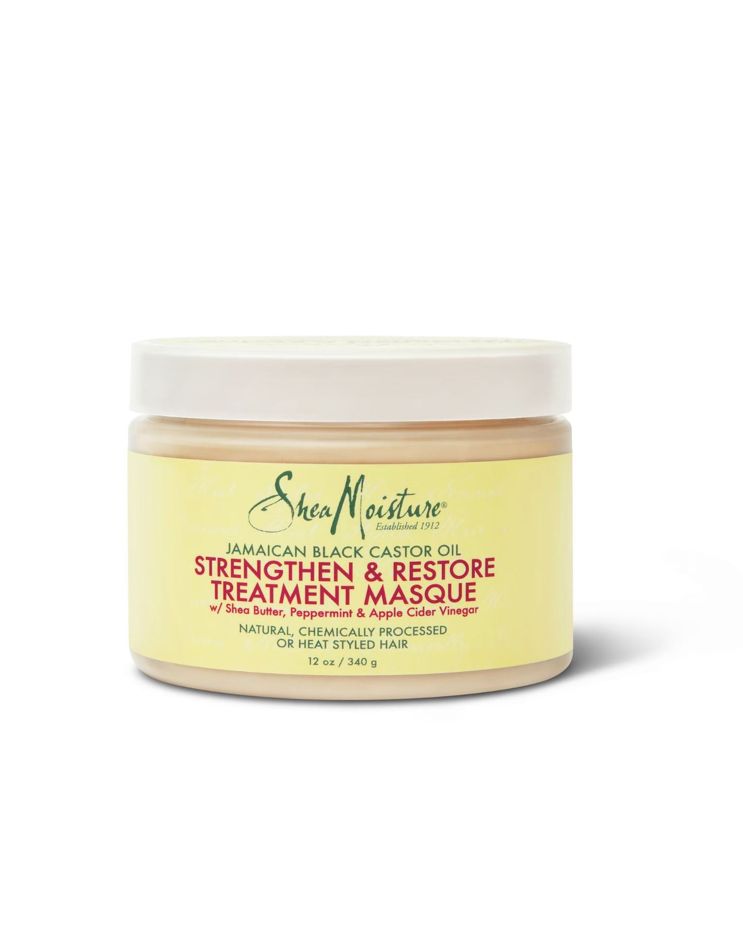 Shea Moisture Jamaican Black Castor Oil Strengthen and Restore Treatment Masque with Shea Butter, Peppermint, and Apple Cider Vinegar, 12 oz jar.