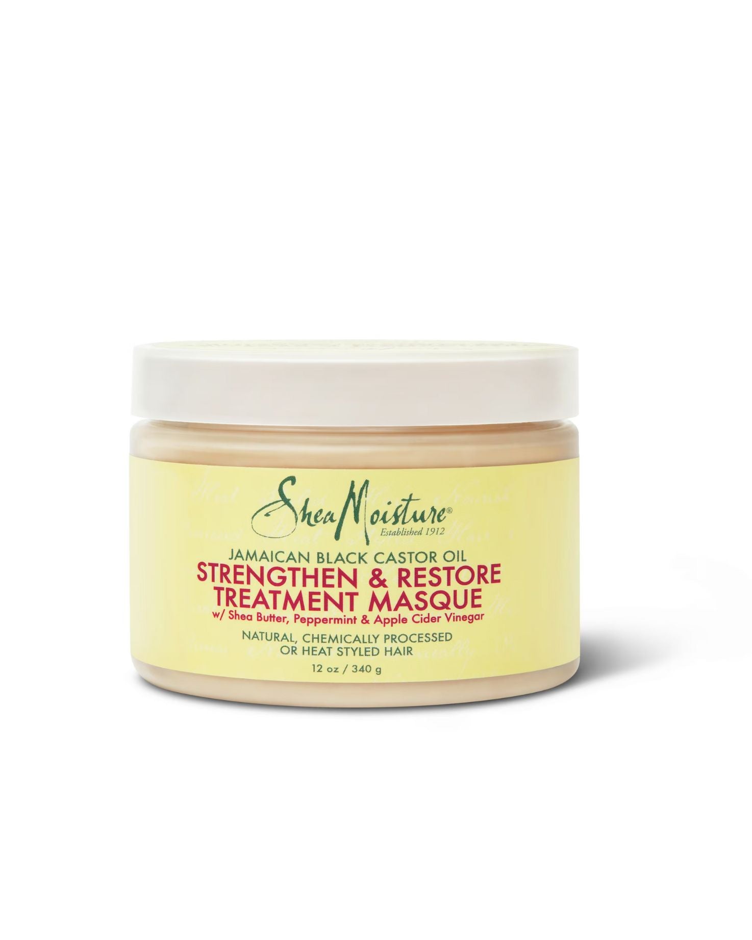 Shea Moisture Jamaican Black Castor Oil Strengthen and Restore Treatment Masque with Shea Butter, Peppermint, and Apple Cider Vinegar, 12 oz jar.
