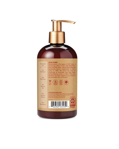 Shea Moisture product information label featuring Fair Trade Shea Butter certification, B-Corp status, and cruelty-free symbols.