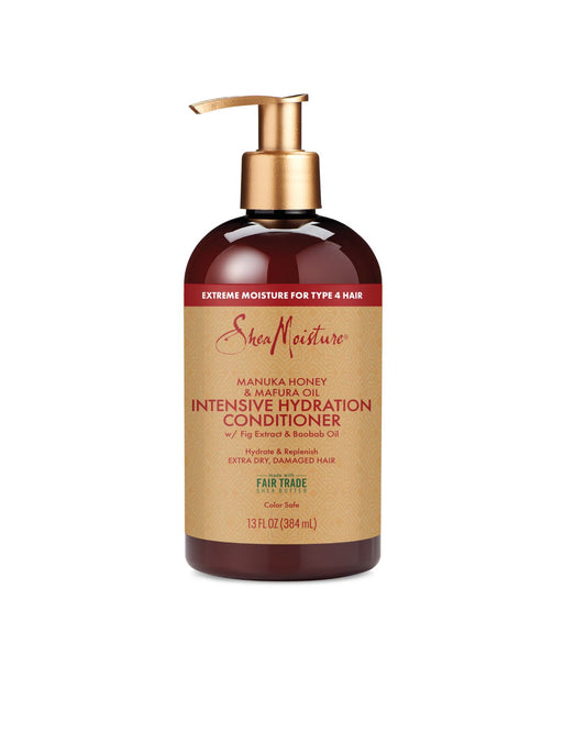 Shea Moisture intensive hydration conditioner with Fair Trade Shea Butter, Fig Extract, and Baobab Oil for extra dry damaged hair.