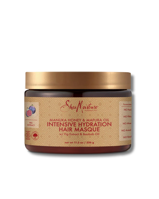 Shea Moisture Intensive Hydration Hair Masque for dry, damaged hair featuring Manuka Honey, Mafura Oil, and Fig Extract.