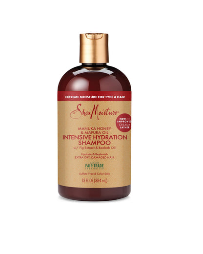 Shea Moisture Manuka Honey & Mafura Oil Intensive Hydration Shampoo for Type 4 hair, 13 fl oz bottle.