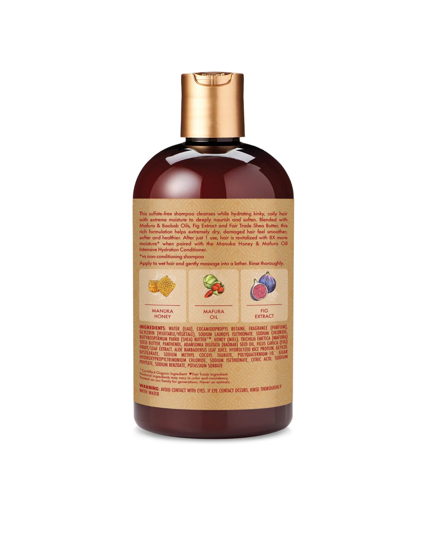 Back label of Shea Moisture Manuka Honey & Mafura Oil Intensive Hydration Shampoo showing ingredients list, usage directions, and key benefits.