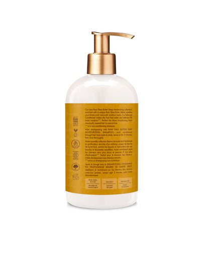 Back label of Shea Moisture Raw Shea Butter Deep Moisturizing Conditioner showing usage directions, key ingredients including Sea Kelp and Argan Oil, and Fair Trade Shea Butter certification.