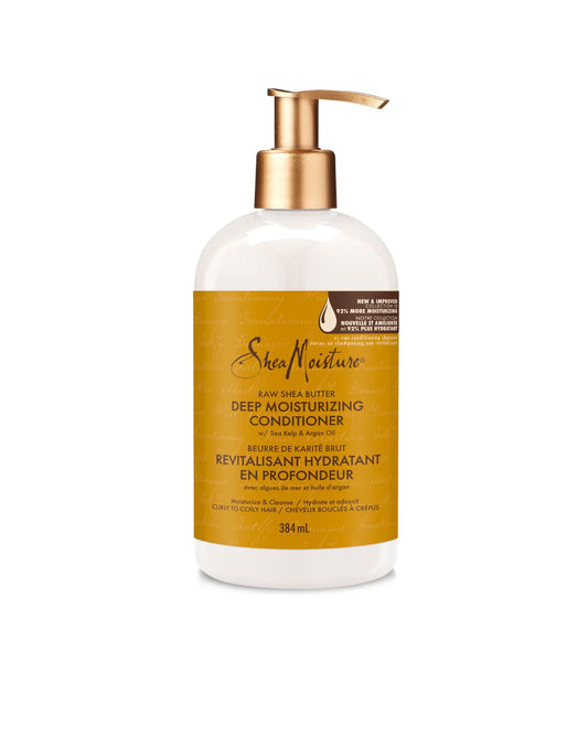Shea Moisture Raw Shea Butter Deep Moisturizing Conditioner for curly to coily hair with Sea Kelp and Argan Oil, 384ml pump bottle.