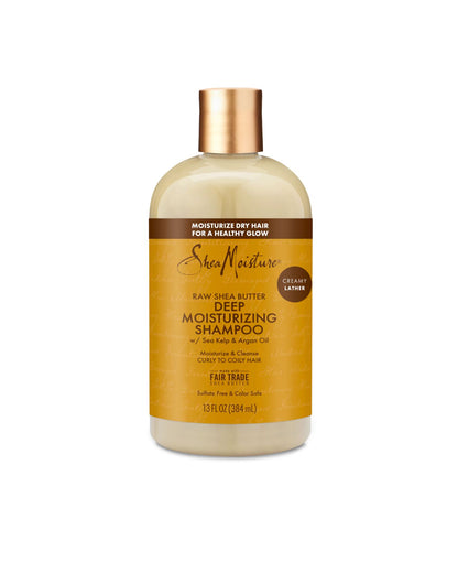 Front view of a 13 fl oz bottle of Shea Moisture Raw Shea Butter Deep Moisturizing Shampoo with Sea Kelp and Argan Oil for curly to coily hair.
