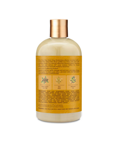 Back label of Shea Moisture Raw Shea Butter Deep Moisturizing Shampoo showing a full ingredients list, usage instructions, and key ingredients: Raw Shea Butter, Sea Kelp, and Argan Oil.