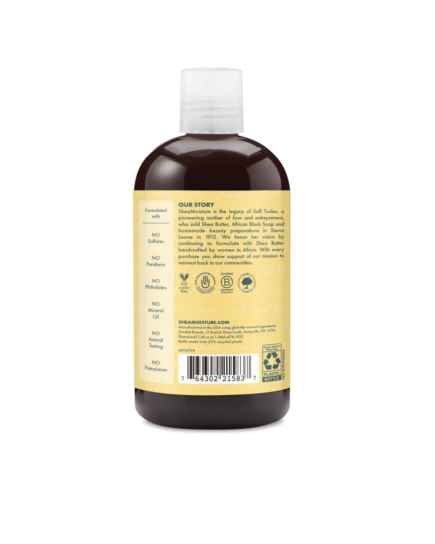 Back label of Shea Moisture shampoo bottle showing a story about Sofi Tucker and a list of 'No' ingredients: no sulfates, parabens, phthalates, mineral oil, animal testing, or petrolatum