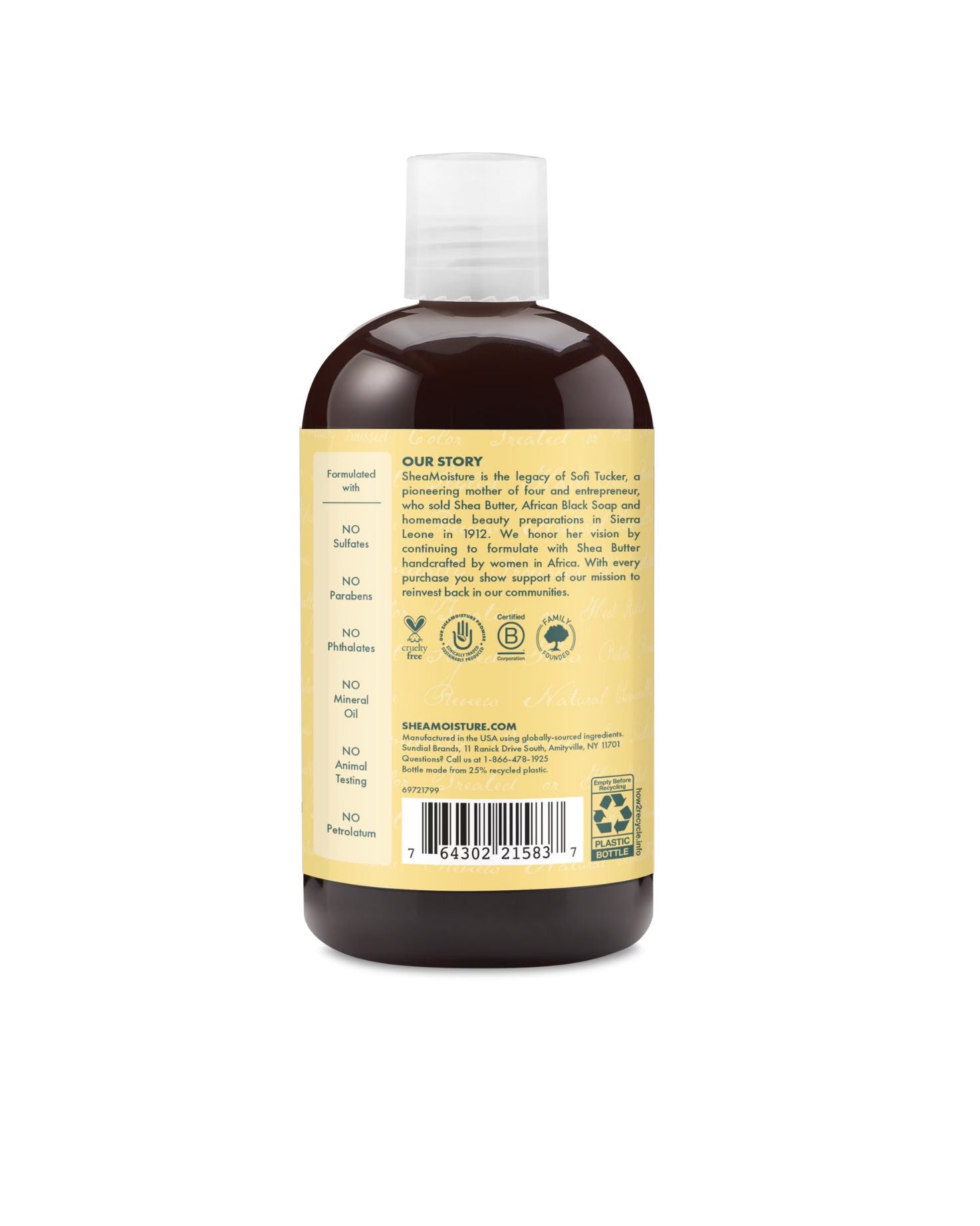 Back label of Shea Moisture shampoo bottle showing a story about Sofi Tucker and a list of 'No' ingredients: no sulfates, parabens, phthalates, mineral oil, animal testing, or petrolatum