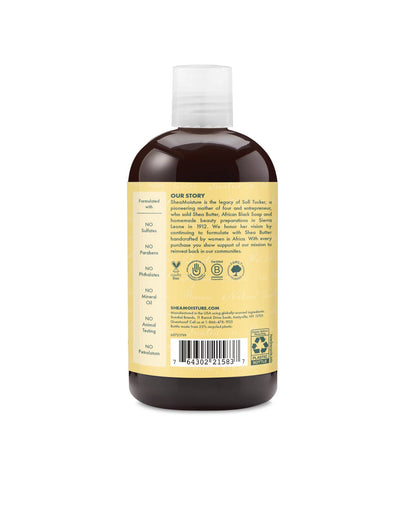Back label of Shea Moisture shampoo bottle showing a story about Sofi Tucker and a list of 'No' ingredients: no sulfates, parabens, phthalates, mineral oil, animal testing, or petrolatum