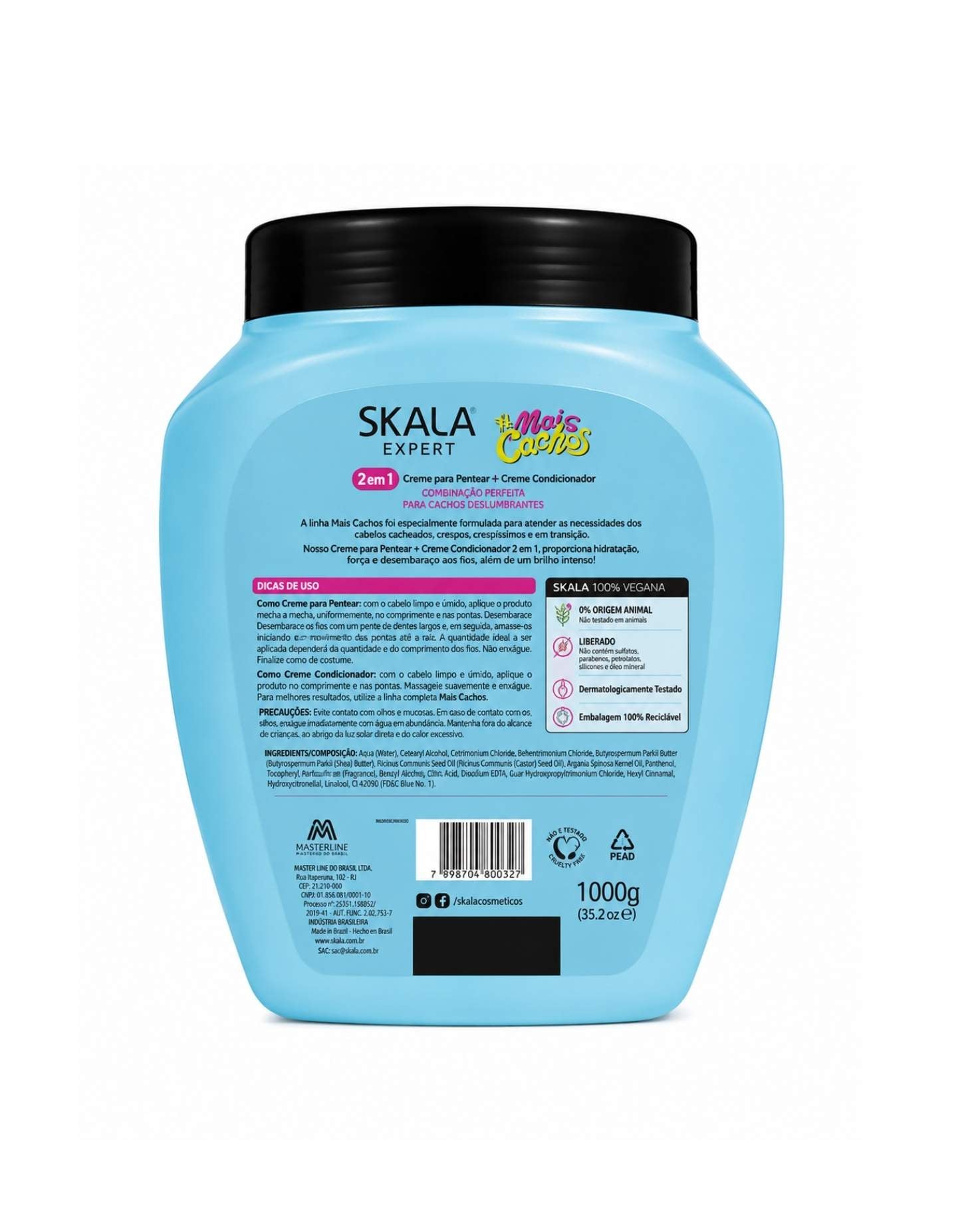 Back label of Skala Expert Mais Cachos 1000g tub showing product ingredients, usage instructions, and product claims.