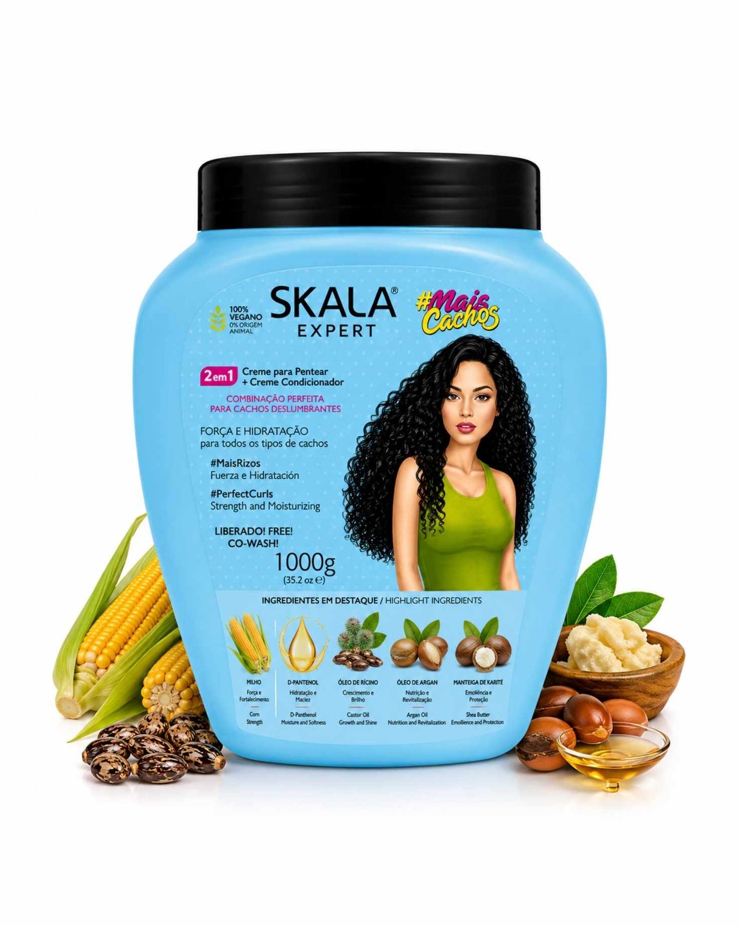 Skala Expert Mais Cachos 2-in-1 hair cream jar displayed with raw ingredients like castor oil and shea butter.