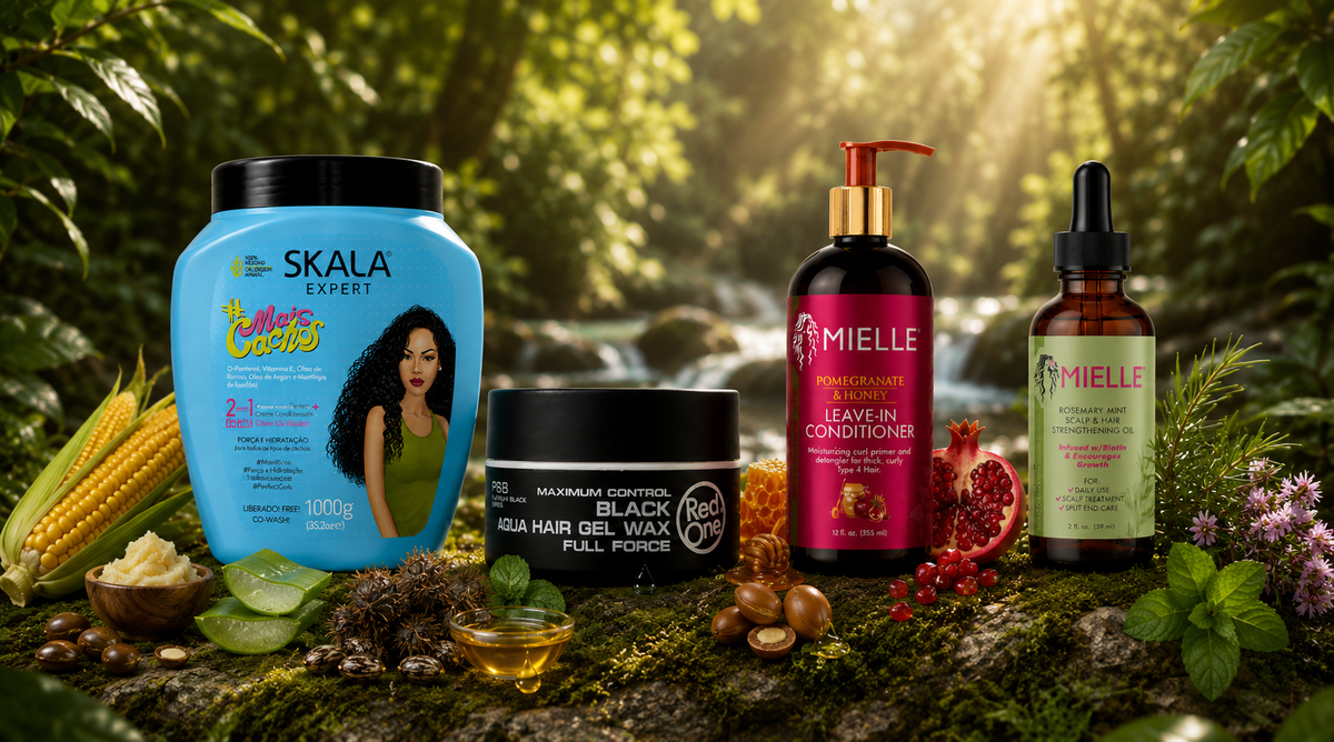 Hair care display featuring Skala Mais Cachos, Red One Gel Wax, Mielle Leave-In Conditioner, and Rosemary Mint Hair Oil in a forest setting.