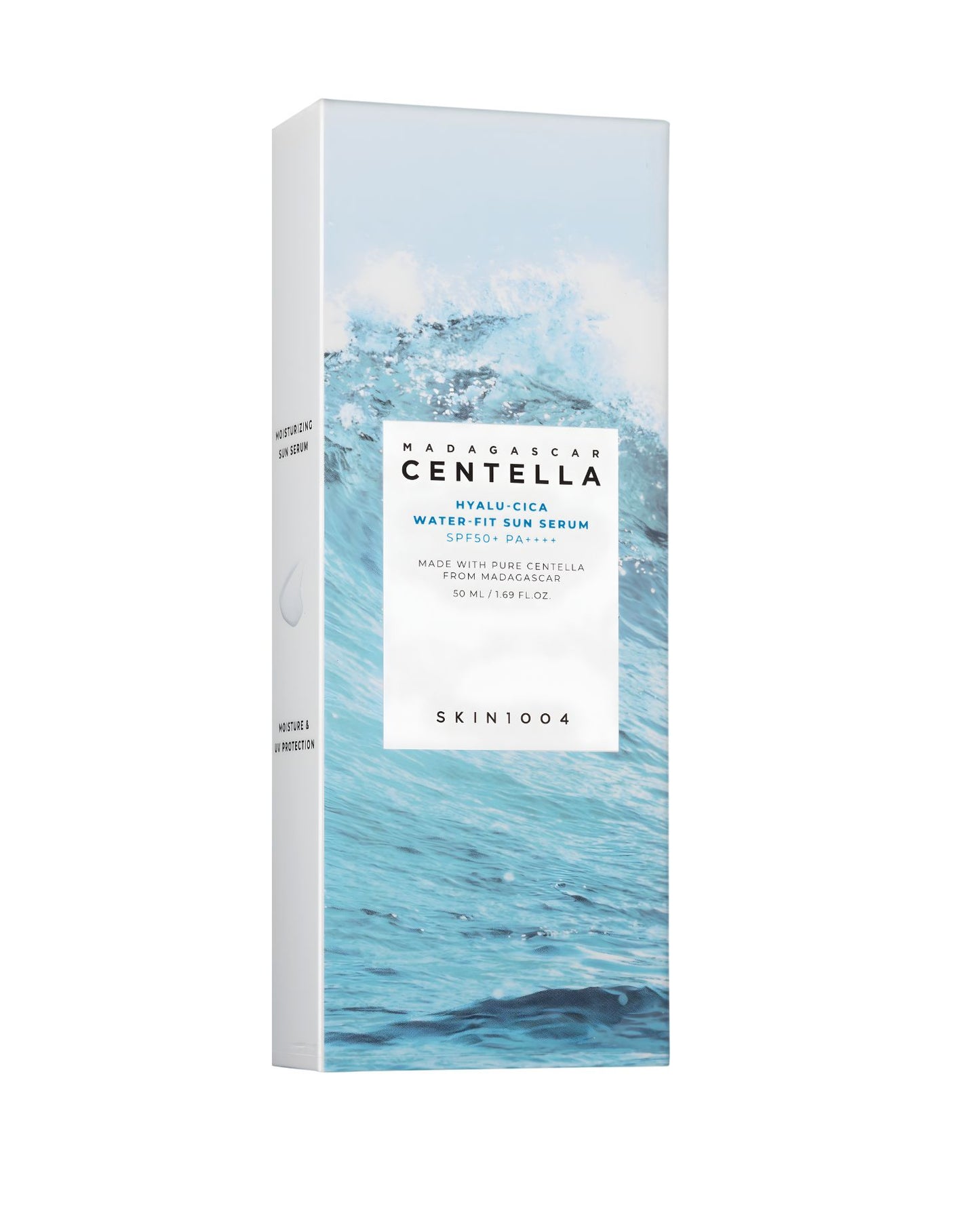 Product packaging for SKIN1004 Madagascar Centella Hyalu-Cica Water-Fit Sun Serum SPF50+ PA++++. The box features an image of blue ocean waves