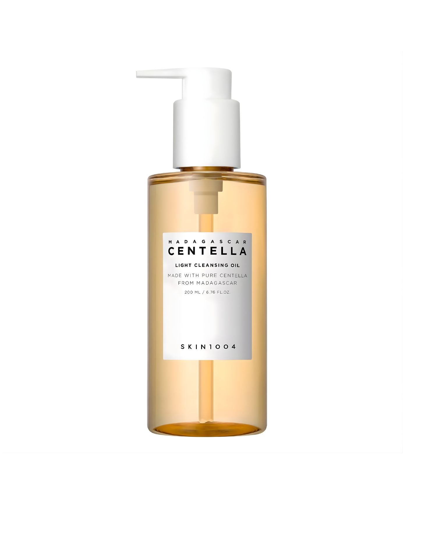 A pump bottle of Skin1004 Madagascar Centella Light Cleansing Oil. The oil is a light amber color in a clear bottle with a white label and pump dispenser.