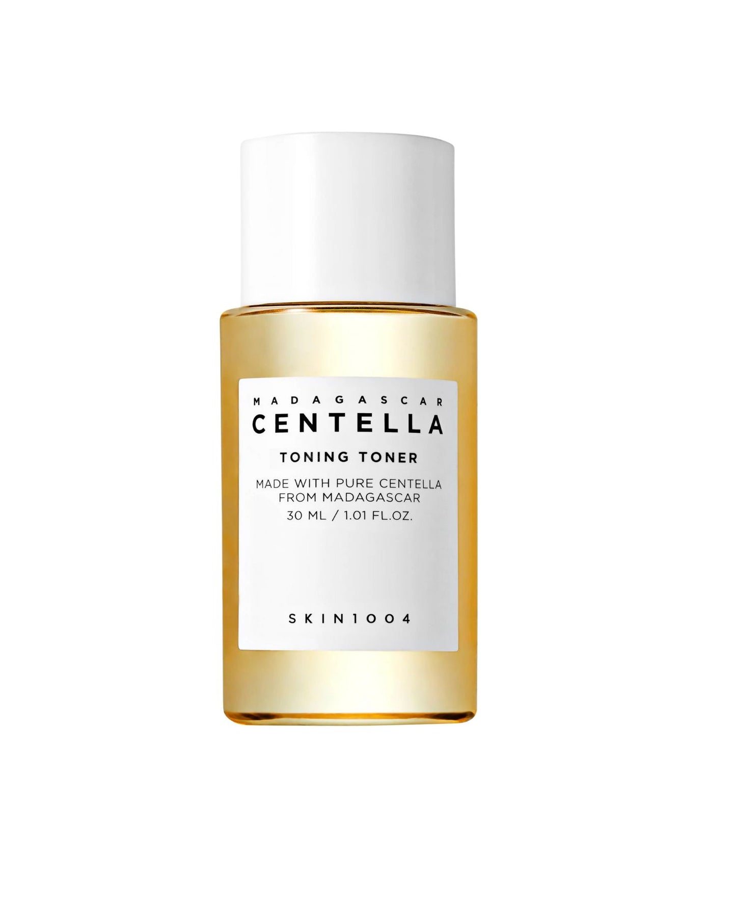 Isolated amber-colored bottle (30 mL) of SKIN 1004 Madagascar Centella Toning Toner with a white cap, featuring a white label.