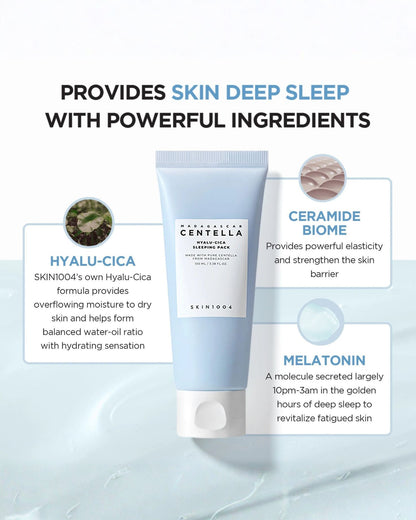Promotional graphic for the SKIN 1004 Hyalu-Cica Sleeping Pack, detailing key ingredients like Hyalu-Cica, Ceramide Biome, and Melatonin.