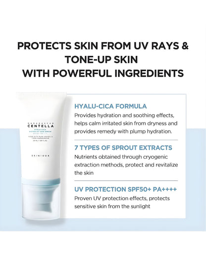 Promotional image for SKIN1004 Hyalu-Cica Sun Serum. Highlights SPF50+ PA++++ UV protection, hydrating and soothing Hyalu-Cica formula, and skin revitalization with 7 Types of Sprout Extracts.