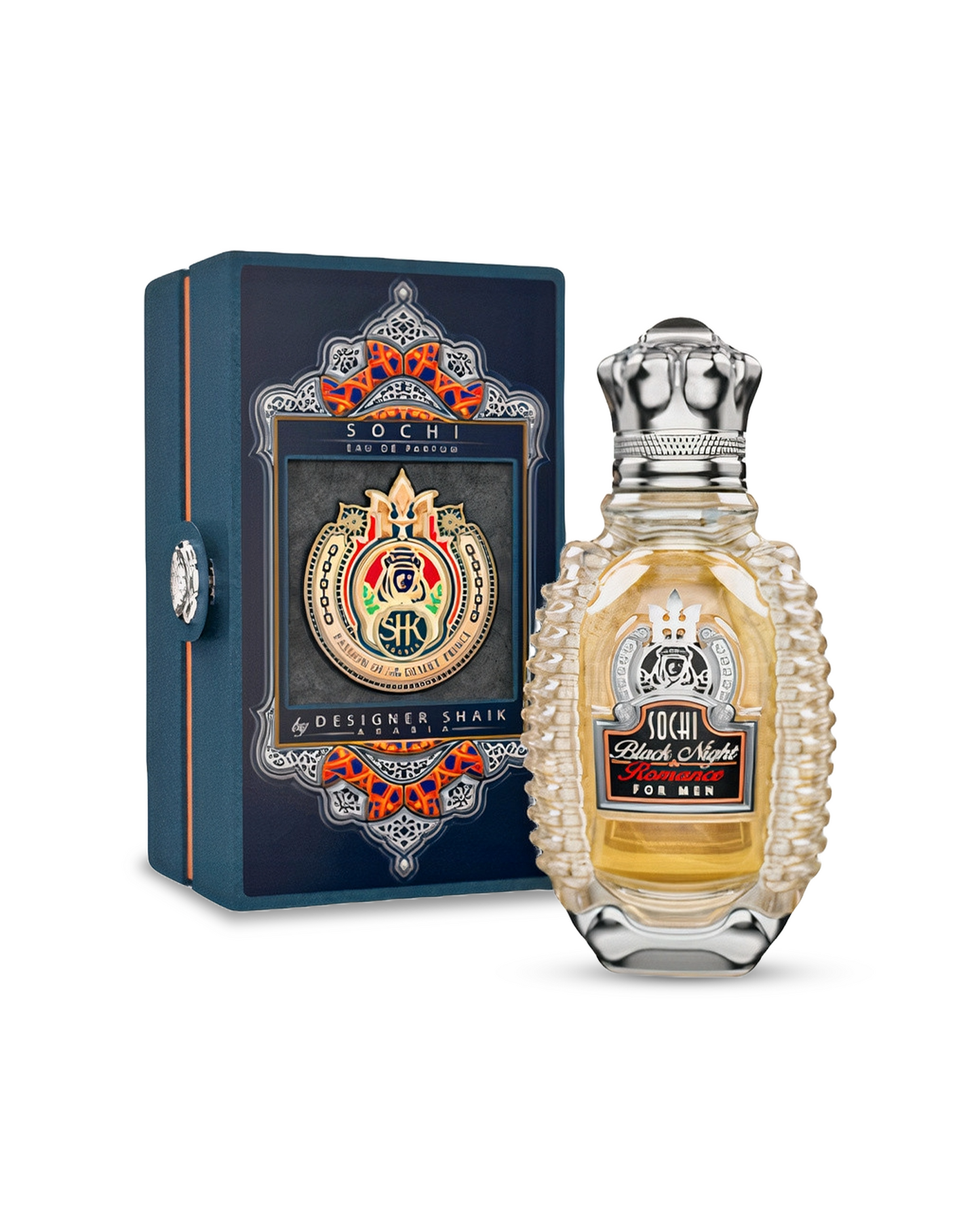 sochi black night romance perfume bottle along with its box set against a white background