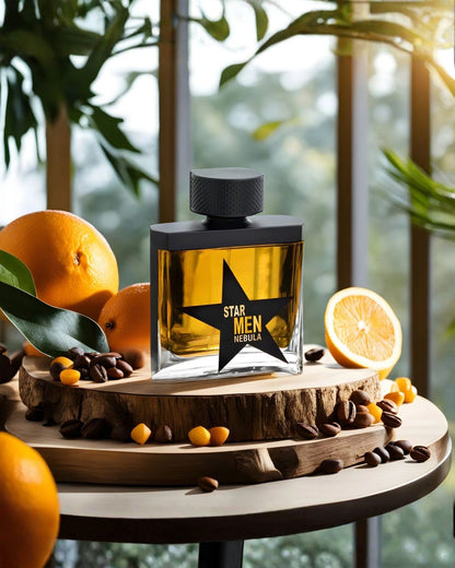 Lifestyle shot of Star Men Nebula EDP fragrance displayed on a wooden slice, surrounded by fresh oranges and coffee beans to represent its warm, citrus and spicy scent profile.