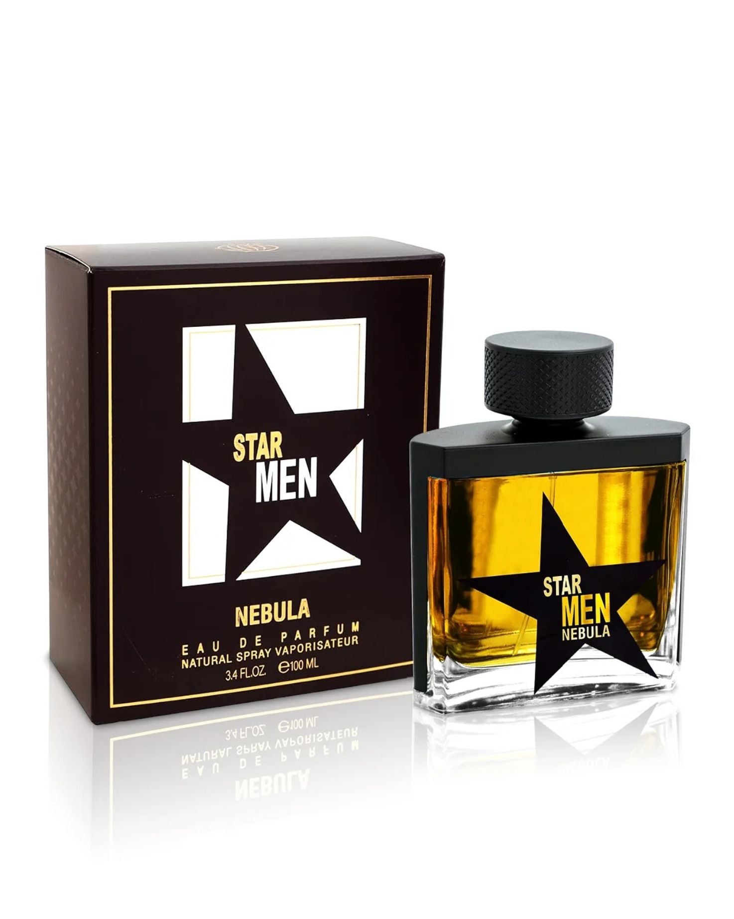 Full set of Star Men Nebula EDP by Fragrance World, 3.4 Fl. Oz. Natural Spray Vaporisateur for men, showing professional packaging and bottle design.