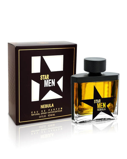 Full set of Star Men Nebula EDP by Fragrance World, 3.4 Fl. Oz. Natural Spray Vaporisateur for men, showing professional packaging and bottle design.