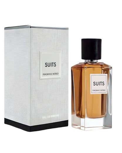 A bottle of Suits EDP by Fragrance World featuring amber liquid and a black cap, standing next to its textured white and black packaging box.