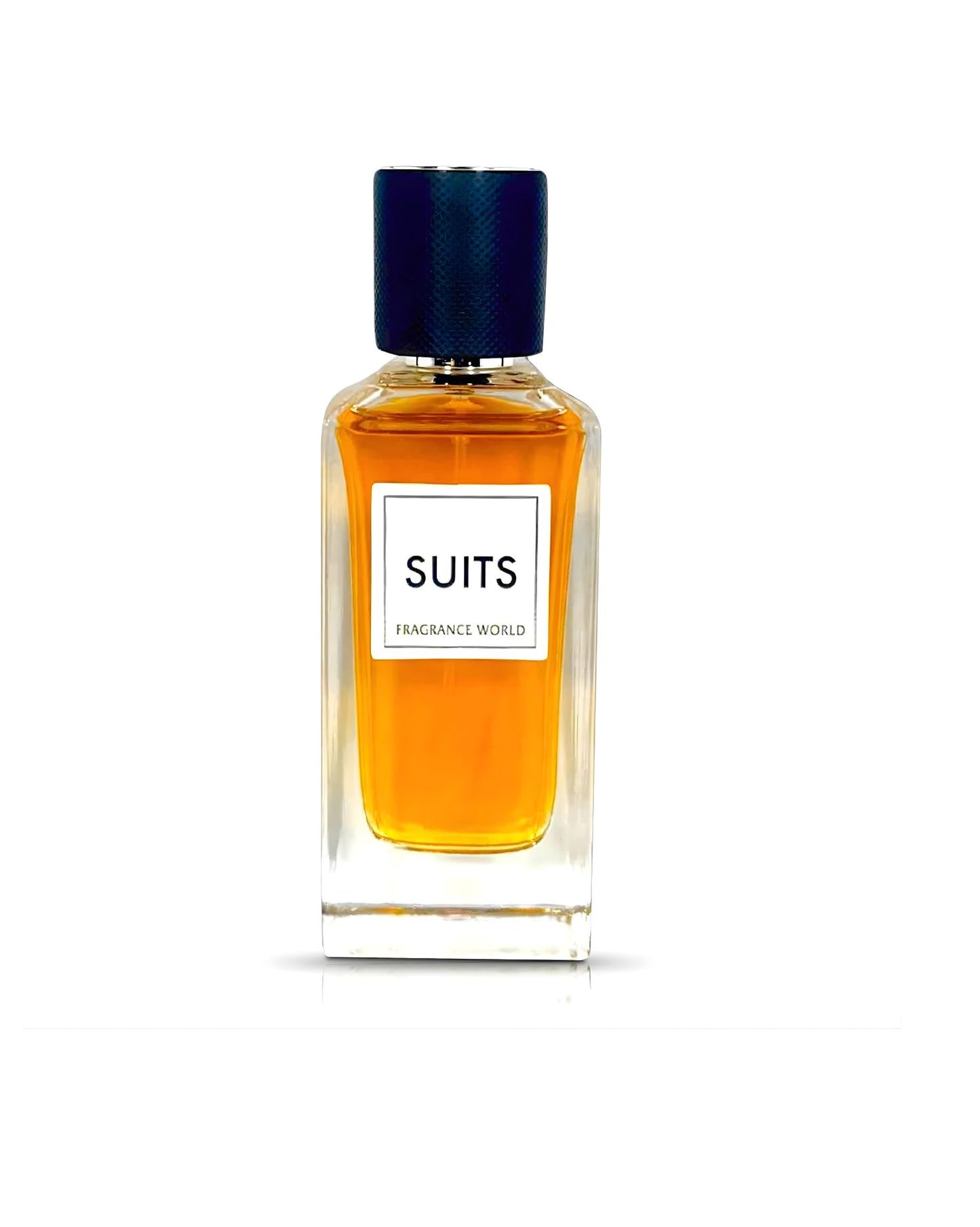 A clear rectangular glass bottle of Suits EDP by Fragrance World, containing an amber-colored liquid with a textured black cap.