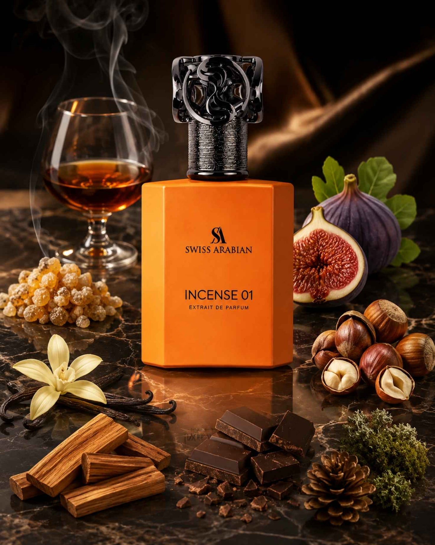 Swiss Arabian Incense 01 Extrait de Parfum displayed with fragrance notes of fig, hazelnuts, dark chocolate, vanilla, frankincense resin, and wood.