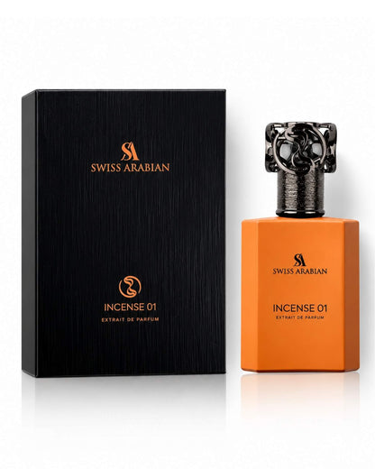 Swiss Arabian Incense 01 Extrait de Parfum bottle in orange alongside its elegant black presentation box.