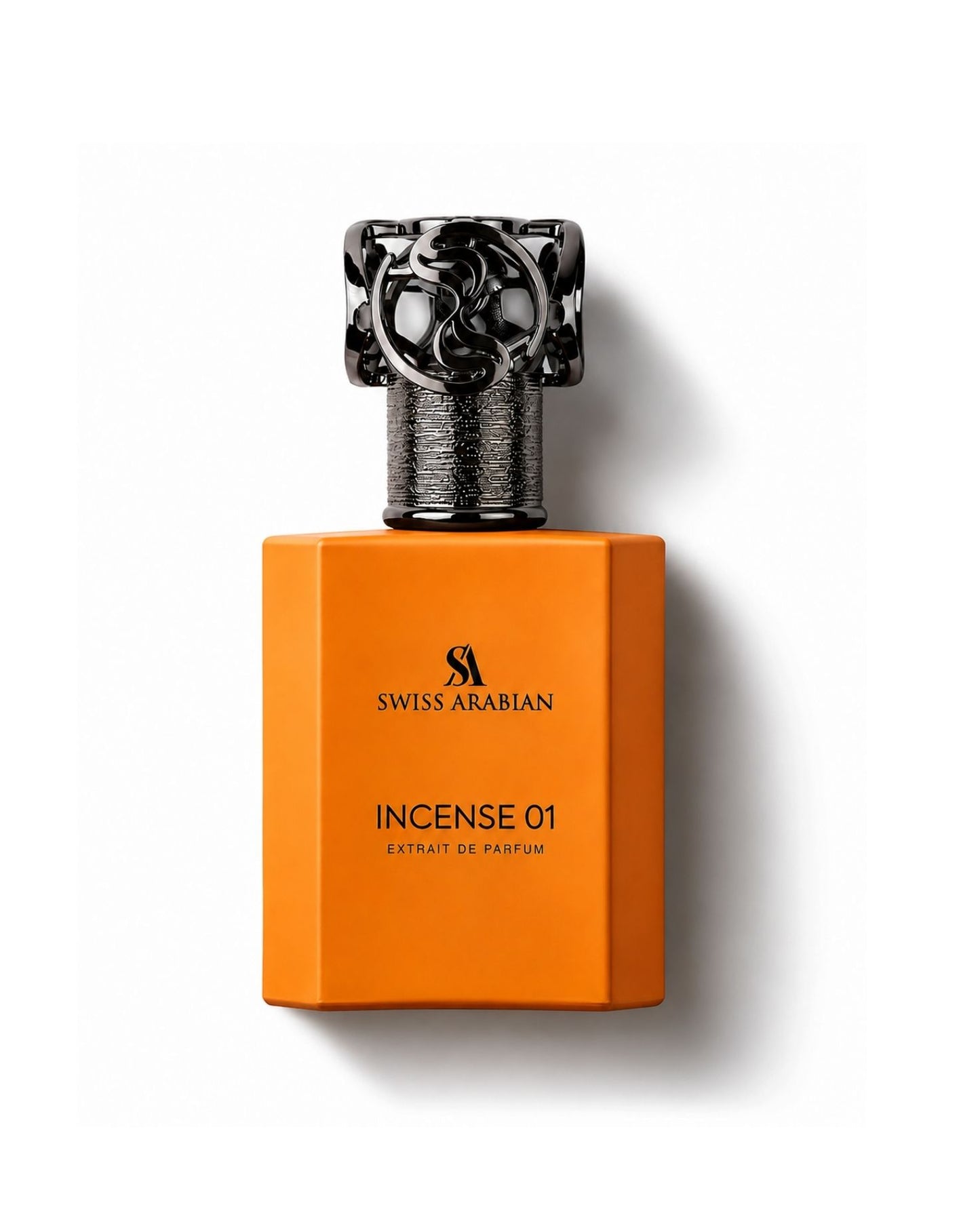 Swiss Arabian Incense 01 Extrait de Parfum in an orange rectangular bottle topped with an ornate dark metallic cap.
