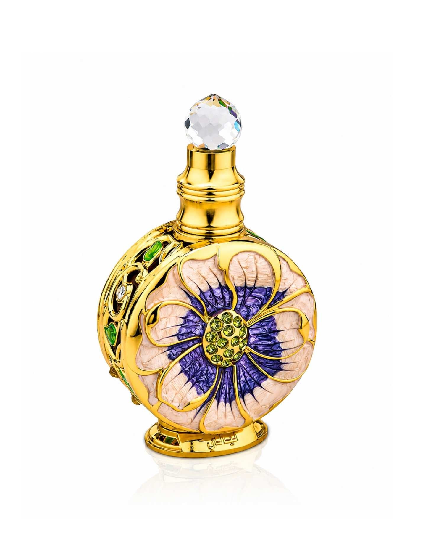 Swiss Arabian Layali Eau de parfum in an ornate gold bottle with a purple and white floral enamel design and crystal stopper.