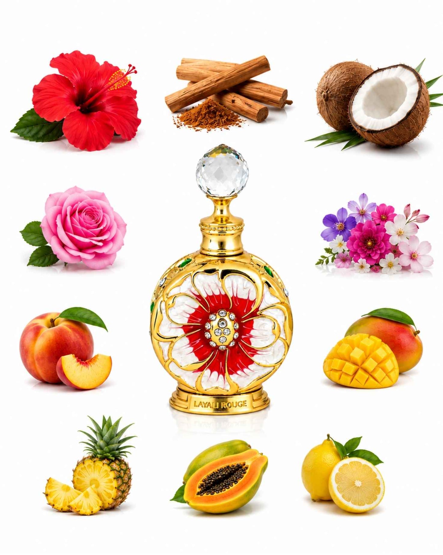 Swiss Arabian Layali Rouge concentrated perfume oil bottle surrounded by fragrance notes of hibiscus, coconut, mango, peach, pineapple, rose, and papaya.