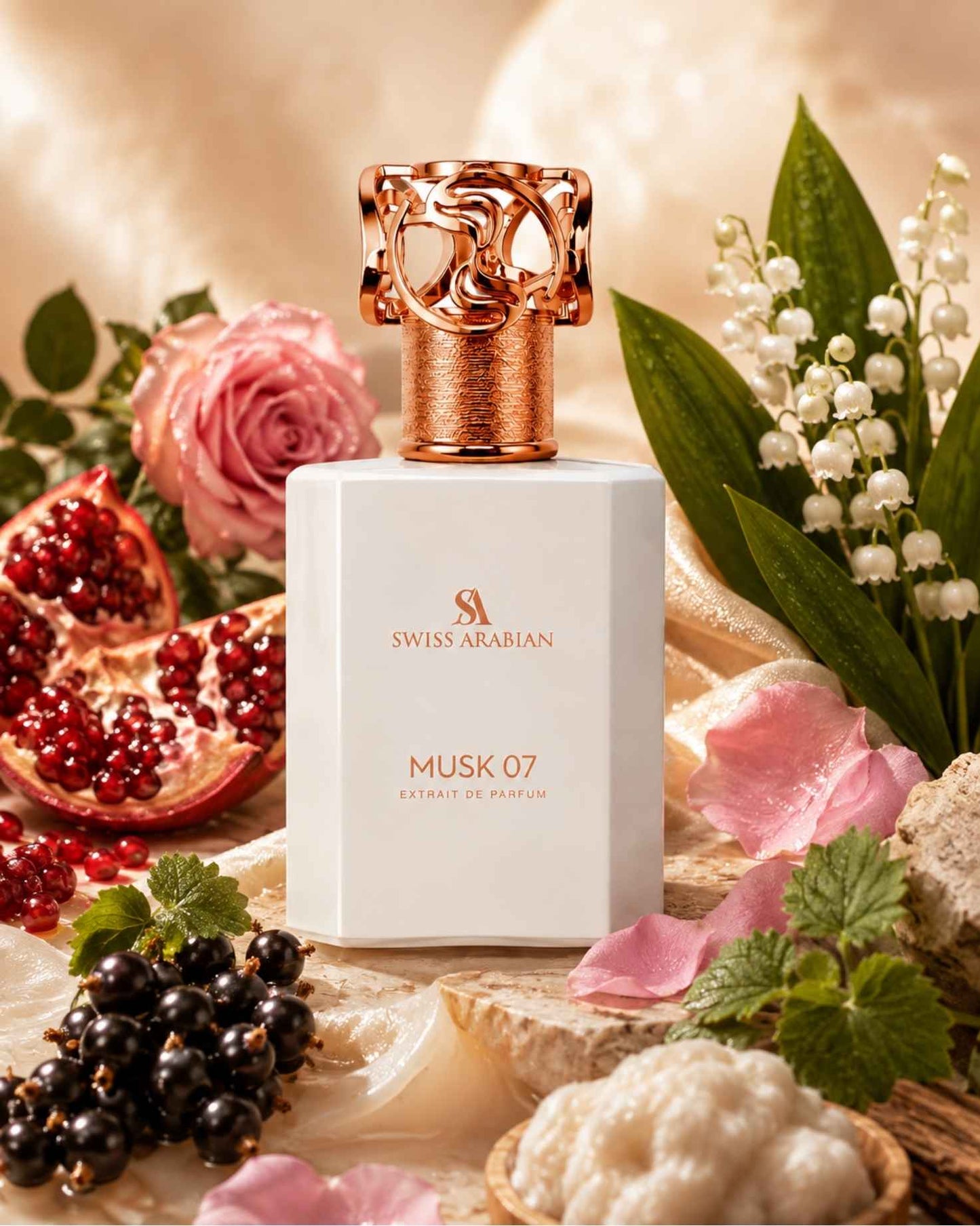 Swiss Arabian Musk 07 Extrait de Parfum displayed with fragrance notes of pomegranate, black currant, pink rose, and lily of the valley.