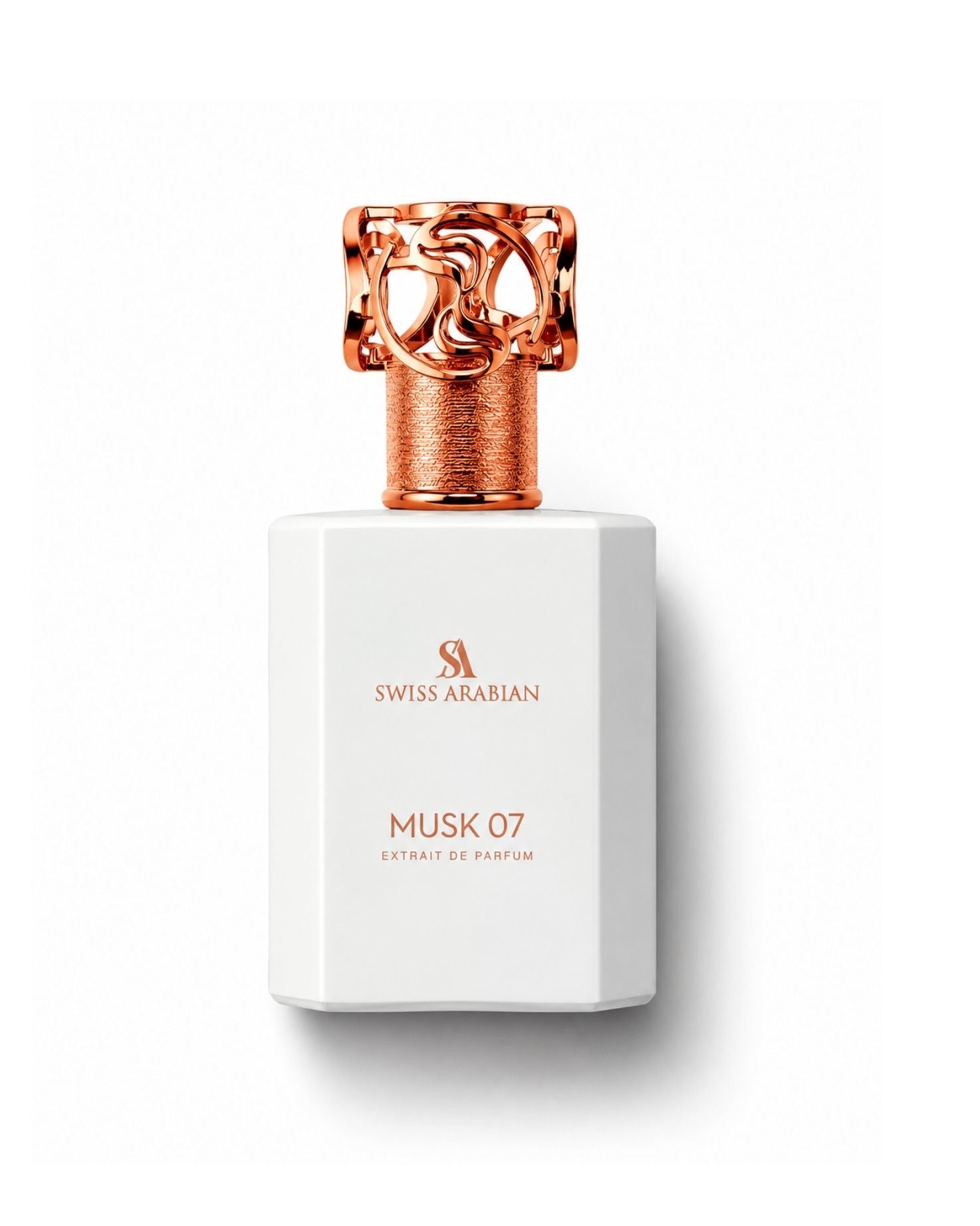 Swiss Arabian Musk 07 Extrait de Parfum in a white rectangular bottle with an ornate rose gold cap.