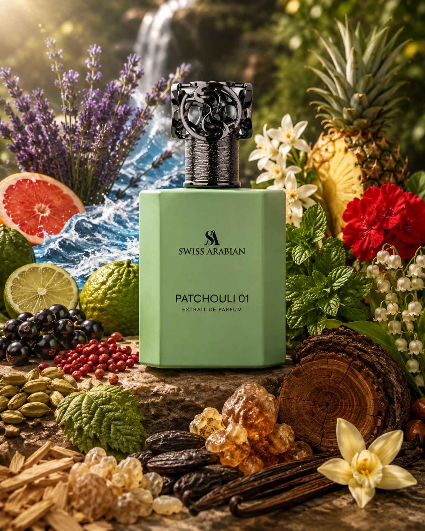 Swiss Arabian Patchouli 01 Extrait de Parfum displayed outdoors with fragrance notes of lavender, pineapple, citrus fruits, mint, cardamom, vanilla, and wood.
