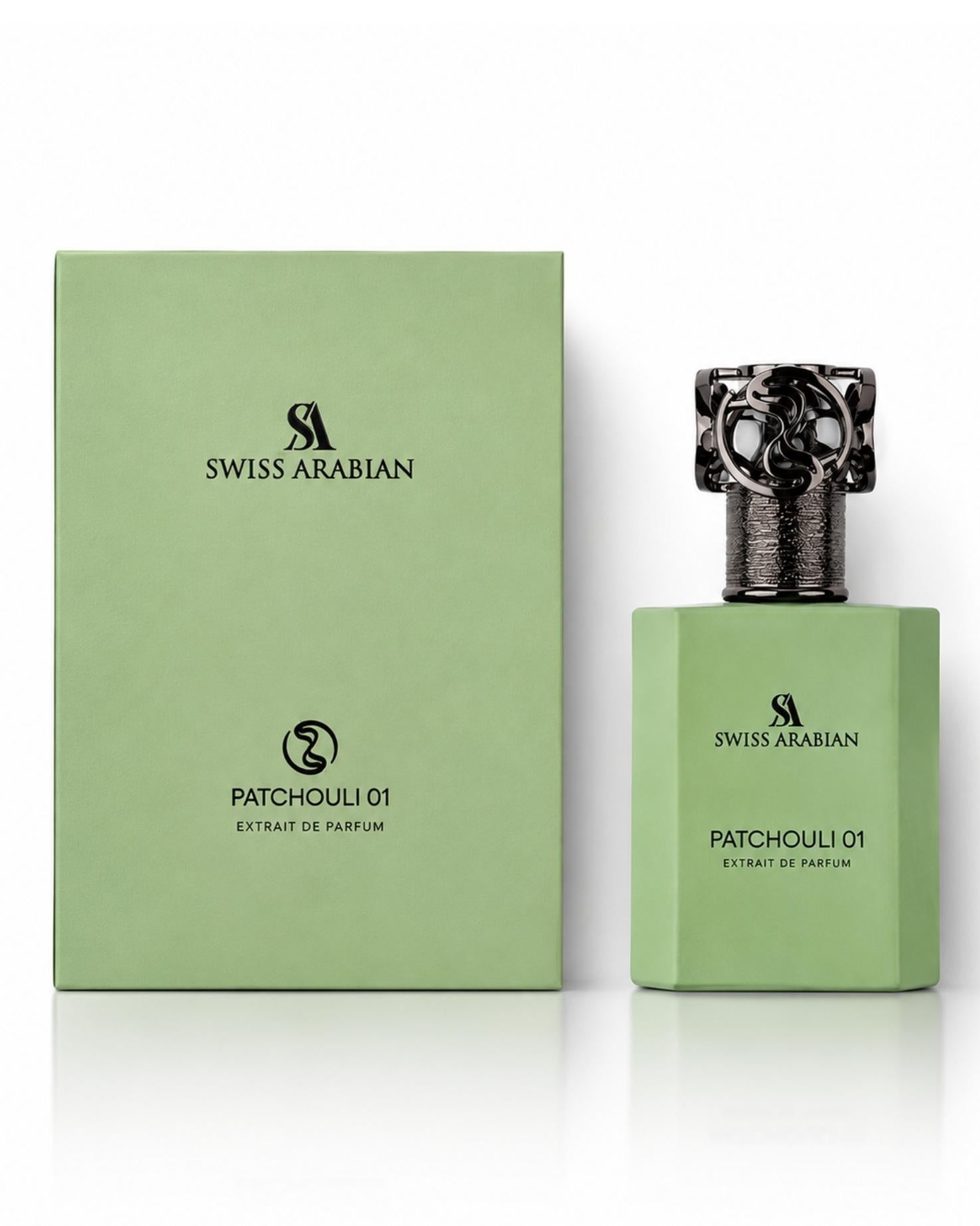 Swiss Arabian Patchouli 01 Extrait de Parfum light green bottle standing next to its matching green packaging box.