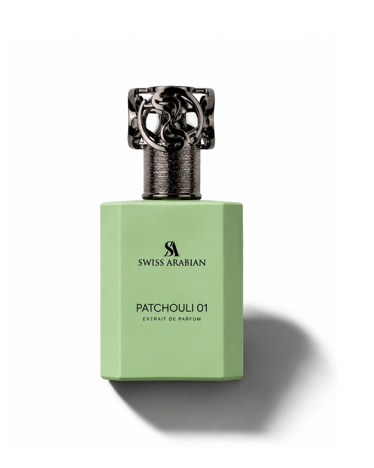 Swiss Arabian Patchouli 01 Extrait de Parfum in a light green rectangular bottle with an ornate dark metallic cap.