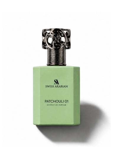 Swiss Arabian Patchouli 01 Extrait de Parfum in a light green rectangular bottle with an ornate dark metallic cap.