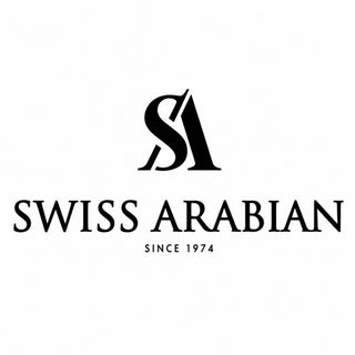 Swiss Arabian logo in black serif font on a white background with a stylized SA emblem centered above the brand name.