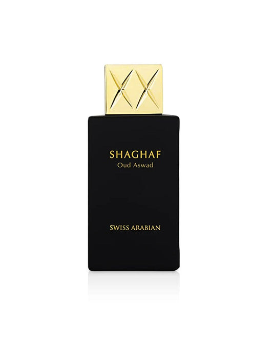 Swiss Arabian Shaghaf Oud Aswad perfume in an elegant matte black bottle with a gold cap.