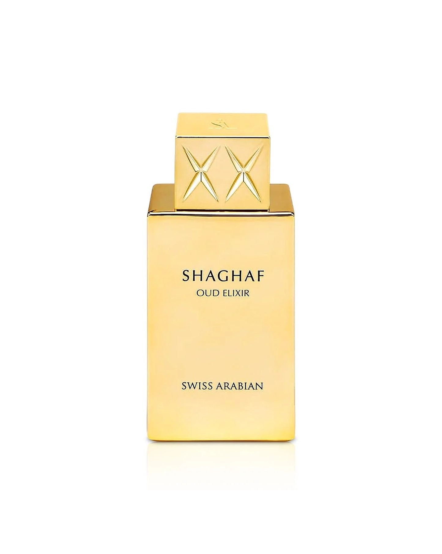 Swiss Arabian Shaghaf Oud Elixir perfume in a luxury gold metallic bottle.