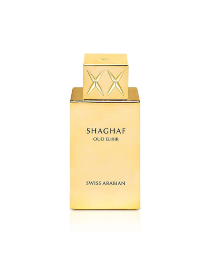 Swiss Arabian Shaghaf Oud Elixir perfume in a luxury gold metallic bottle.