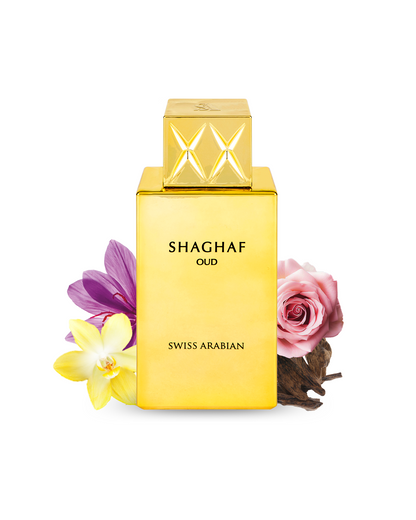 swiss arabian shaghaf oud perfume bottle showcased amidst its ingrdients of vanilla saffron rose oud