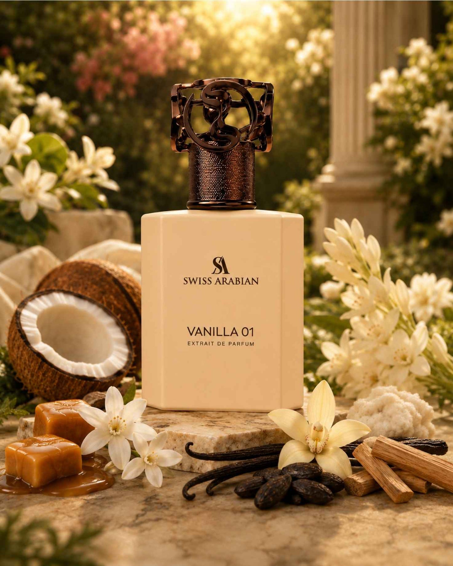 Swiss Arabian Vanilla 01 Extrait de Parfum displayed outdoors with fragrance notes of coconut, caramel, vanilla orchids, white florals, and wood.