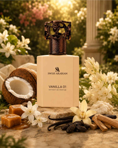 Swiss Arabian Vanilla 01 Extrait de Parfum displayed outdoors with fragrance notes of coconut, caramel, vanilla orchids, white florals, and wood.