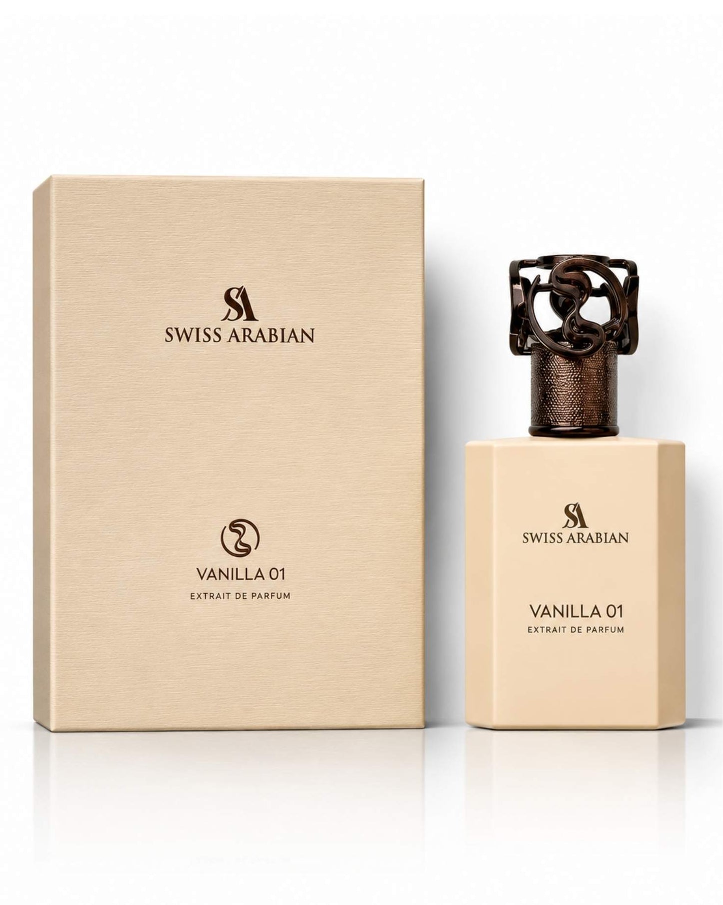 Swiss Arabian Vanilla 01 Extrait de Parfum bottle in cream alongside its matching elegant presentation box.