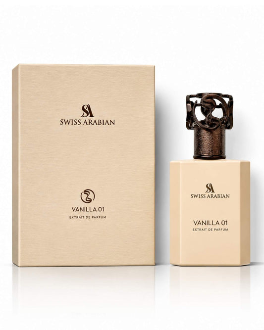 Swiss Arabian Vanilla 01 Extrait de Parfum bottle in cream alongside its matching elegant presentation box.