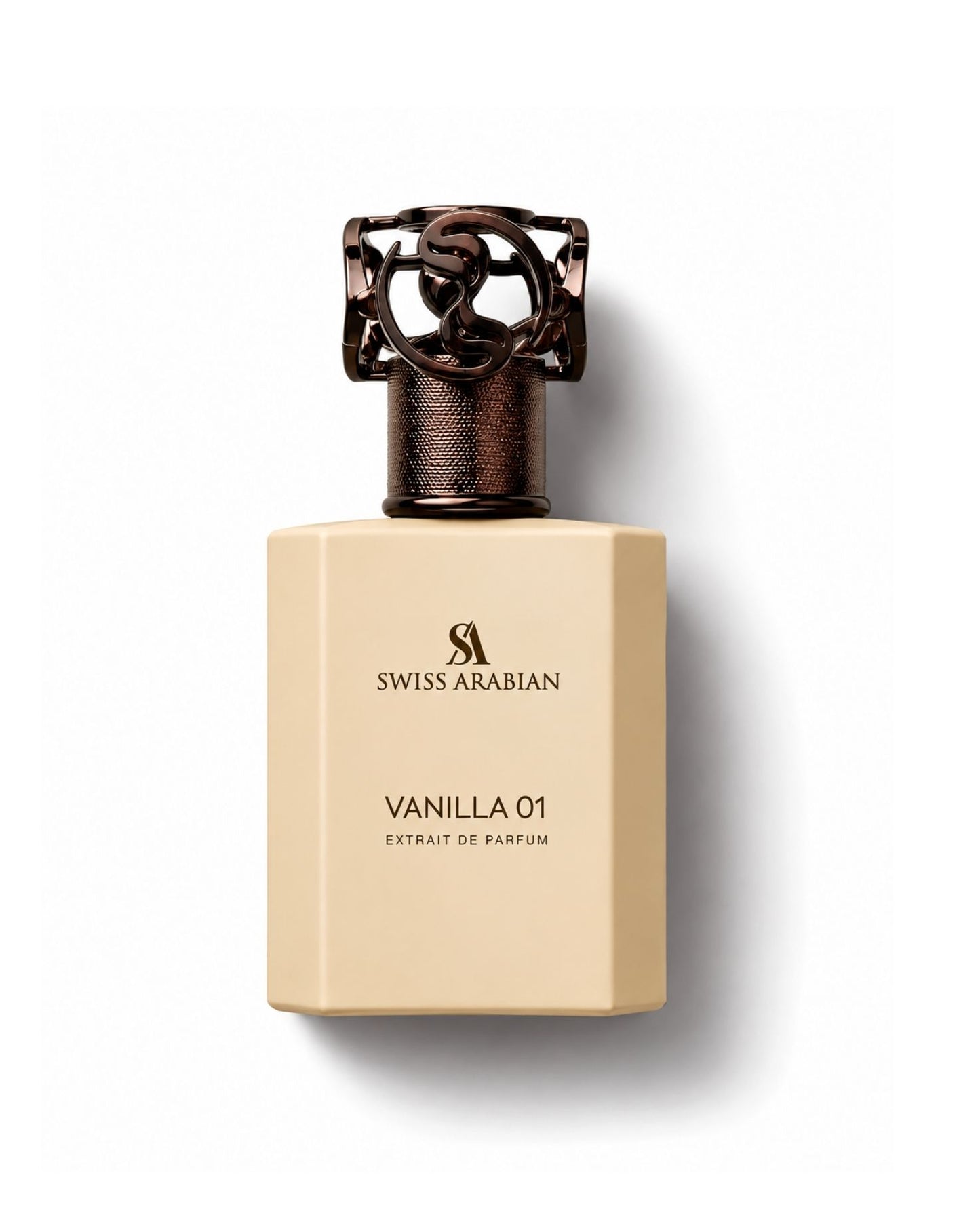 Swiss Arabian Vanilla 01 Extrait de Parfum in a cream-colored rectangular bottle with an ornate dark metallic cap.