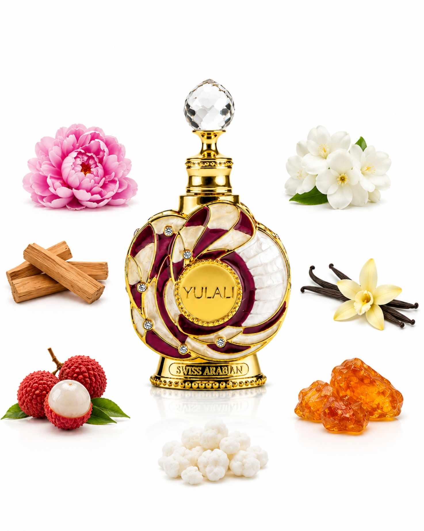 Swiss Arabian Yulali concentrated perfume oil surrounded by scent notes including lychee, pink peony, white florals, vanilla, sandalwood, and amber.